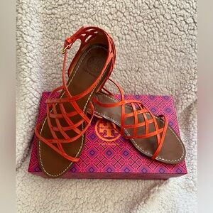 Tory Burch Amalie Orange Patent Leather Caged Strappy Flat Sandals Size 9